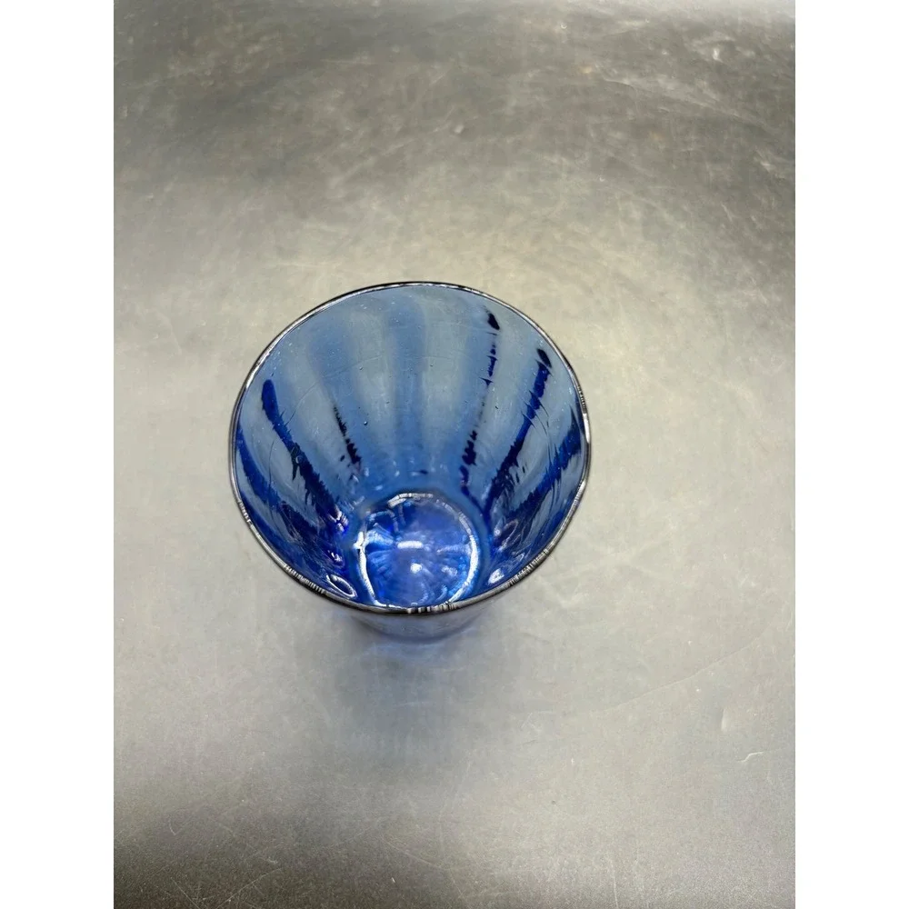 Vintage Cobalt Blue Hand Blown Ribbed Glass Tumbler 4.5 Inch Cup
